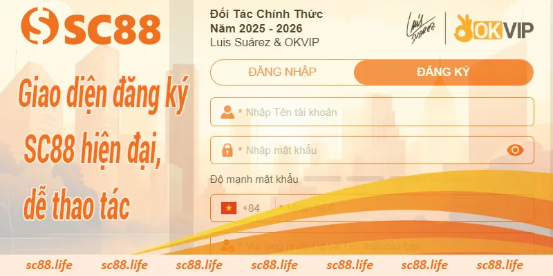 Giao diện đăng ký SC88 hiện đại, dễ thao tác